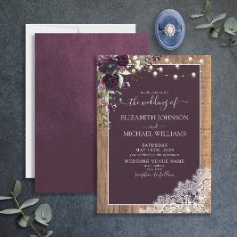 Invitación Plum Purple Rustic Wood Lace Script Wedding