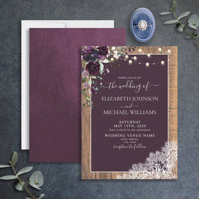 Invitación Plum Purple Rustic Wood Lace Script Wedding (Subido por el creador)