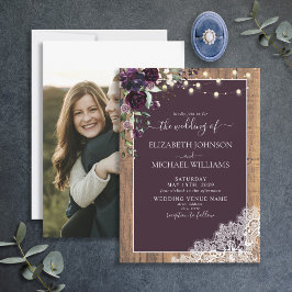 Invitación Plum Purple Rustic Wood Script Lace Photo Boda