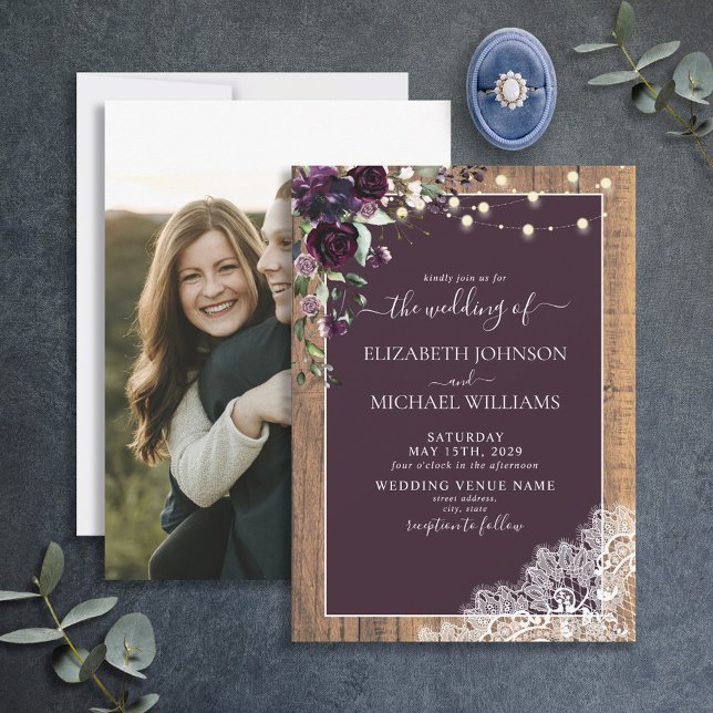 Invitación Plum Purple Rustic Wood Script Lace Photo Boda (Subido por el creador)
