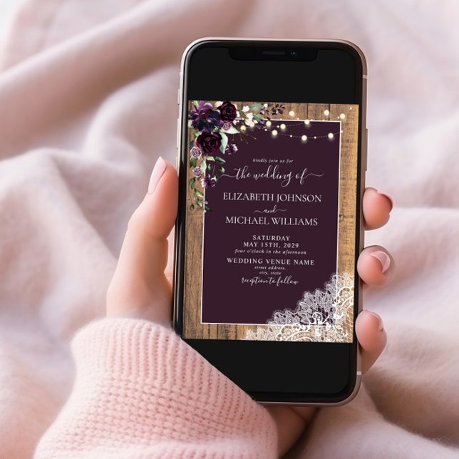 Invitación Plum Purple Rustic Wood Script Lace Photo Boda (Subido por el creador)