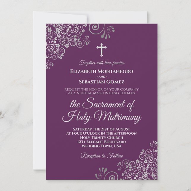 Invitación Plum Purple & Silver Chic Modern Catholic Wedding (Anverso)