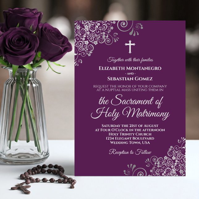 Invitación Plum Purple & Silver Chic Modern Catholic Wedding (Subido por el creador)