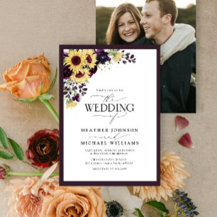 Invitación Plum Purple Sunflower Watercolor Photo Wedding