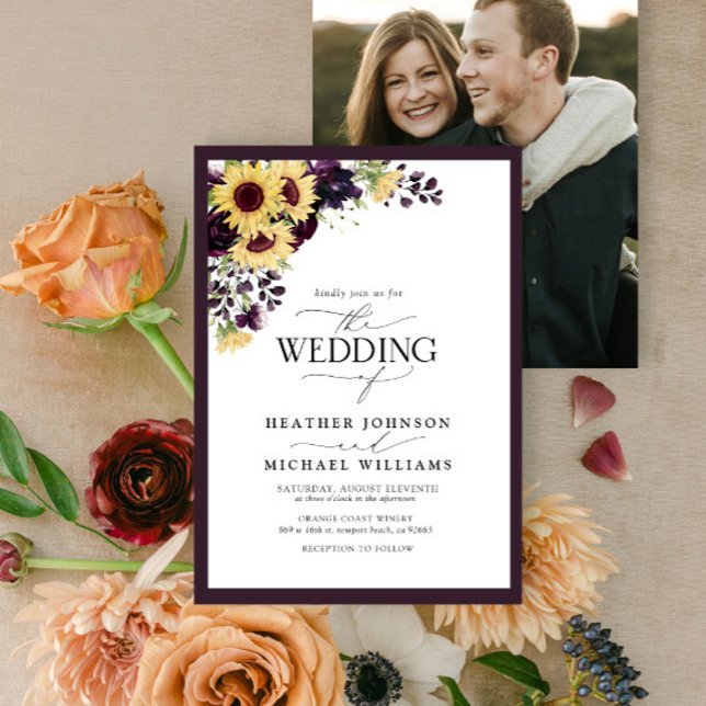 Invitación Plum Purple Sunflower Watercolor Photo Wedding (Subido por el creador)