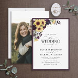 Invitación Plum Purple Sunflower Watercolor Photo Wedding<br><div class="desc">Based on our bestselling Bridal Shower invitation, this gorgeous modern, elegant wedding invitation features a bouquet of rich plum purple, sunflowers and botanical greenery, and is bordered in a rich plum purple. Personalize your details accented with beautiful modern hand lettered calligraphy. The back of the card features your favorite engagement...</div>