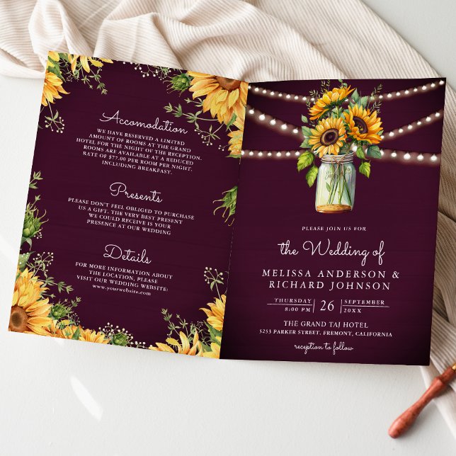 Invitación Plum Purple Sunflowers Mason Jar QR Code Wedding (Subido por el creador)