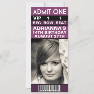 Invitación Plum Purple VIP Photo Ticket Fiesta de cumpleaños