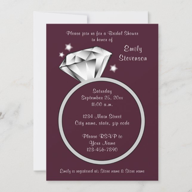Invitación Plum Purple Wine Diamond ring Bridal Shower (Anverso)