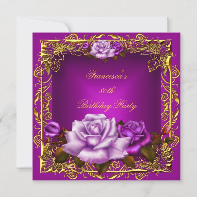 Invitación Plum Púrpura Roses Rosa Oro Elegante Cumpleaños 5b (Anverso)