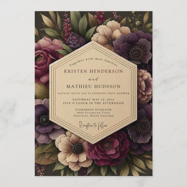 Invitación Plum Rich Botanical Wedding (Anverso)