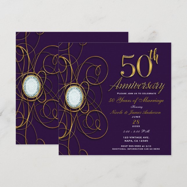 Invitación Plum Royal Purple Gold Diamond 50 50º aniversario (Anverso / Reverso)