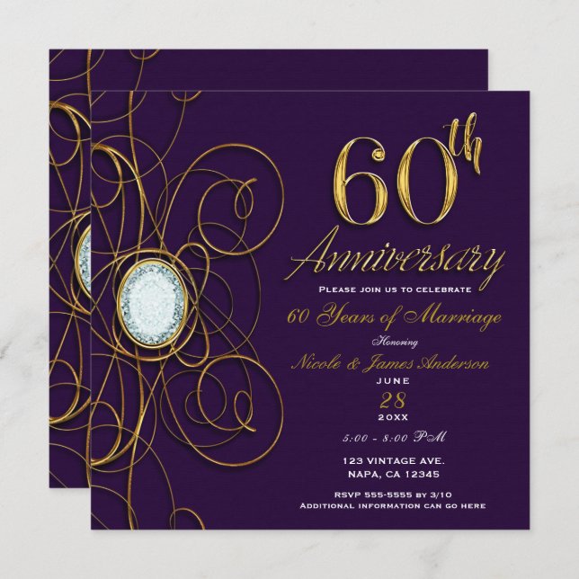 Invitación Plum Royal Purple Gold Diamond 60 Aniversario 60 (Anverso / Reverso)