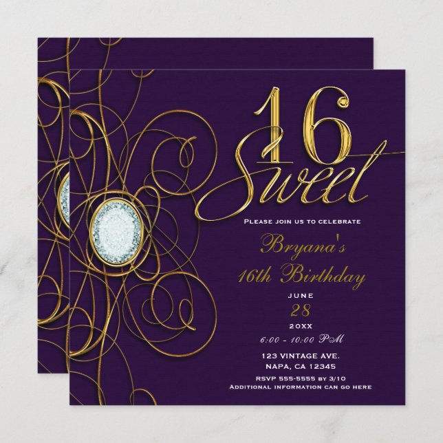 Invitación Plum Royal Purple & Gold Diamond Sweet 16 Cumpleañ (Anverso / Reverso)
