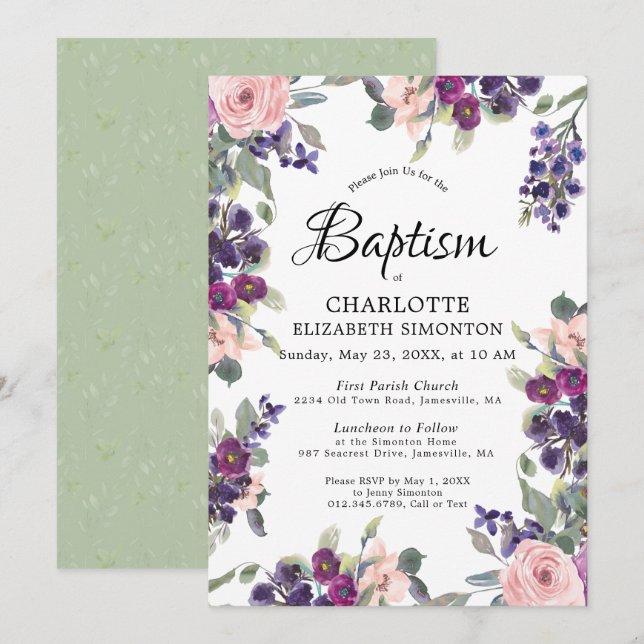 Invitación Plum Rubor Purple Floral Baptismo (Anverso / Reverso)