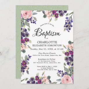 Invitación Plum Rubor Purple Floral Baptismo