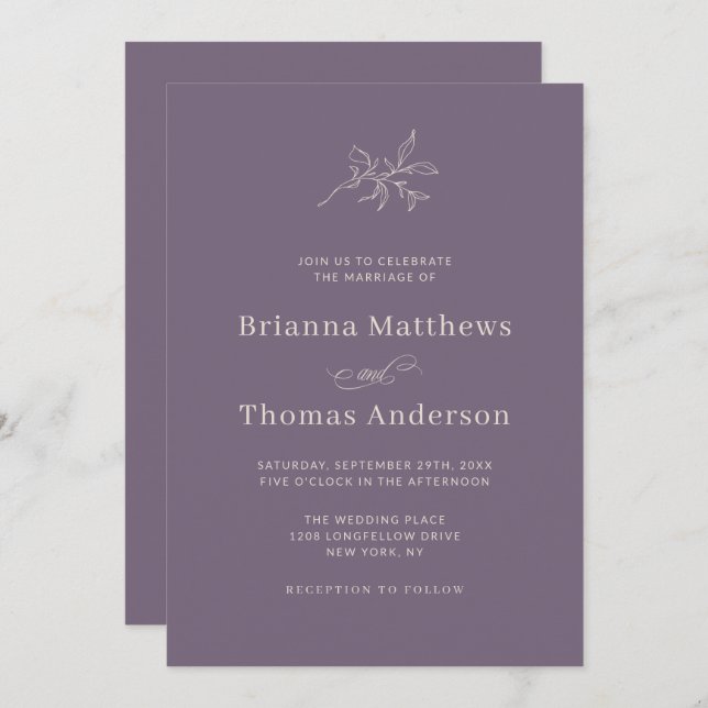 Invitación Plum suave Boda Minimalista simple elegante (Anverso / Reverso)
