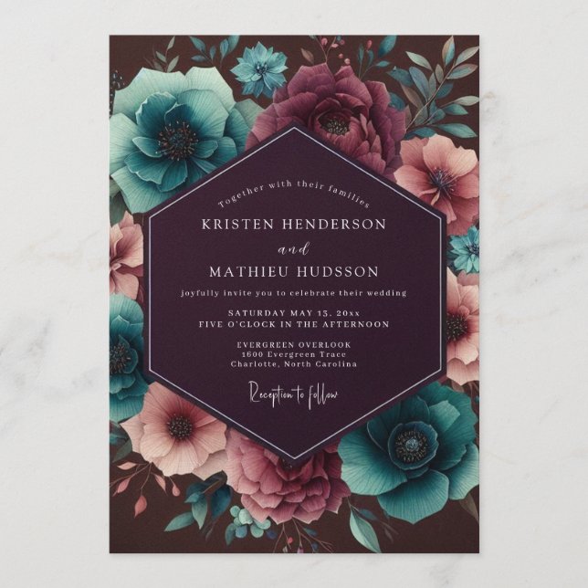 Invitación Plum & Teal Nocturnal Bloom Wedding (Anverso)