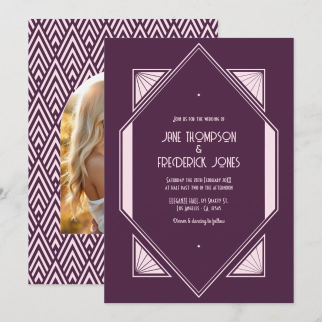 Invitación Plum Velvet & Soft Blush Art Deco Wedding Photo (Anverso / Reverso)