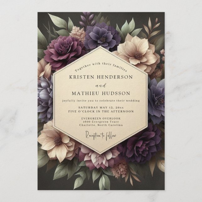 Invitación Plum Victorian Bloom Wedding (Anverso)