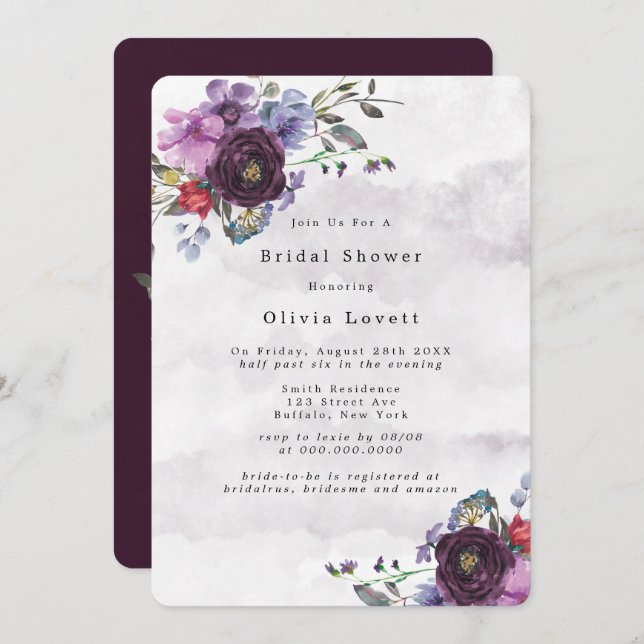 Invitación Plum Violet Botánico Peony Shower (Anverso / Reverso)