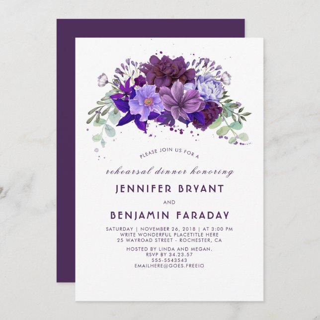 Invitación Plum Violet Morado Floral Elegante Ensayo Cena (Anverso / Reverso)