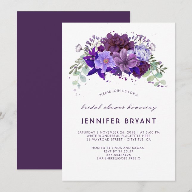 Invitación Plum Violet Purple Floral Elegante Ducha Bridal (Anverso / Reverso)