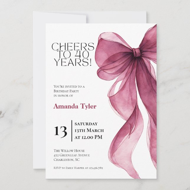 Invitación Plum Watercolor Bow Birthday  Invitation (Anverso)