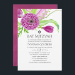 Invitación Plum Watercolor Floral Bat Mitzvah<br><div class="desc">Invitación de mitzvah murciélago de acuarela botánica. Las flores que se presentan son ranunculus,  tulipanes,  violetas y cruces.</div>