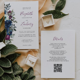 Invitación Plum Watercolor Floral Marina Azul Boda de código