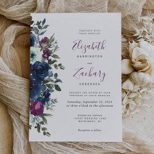 Invitación Plum Watercolor Floral Naval Boda Azul