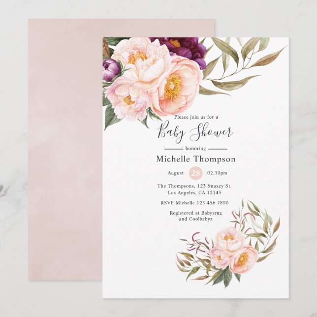 Invitación Plum y Rubor Floral Baby Shower (Anverso / Reverso)