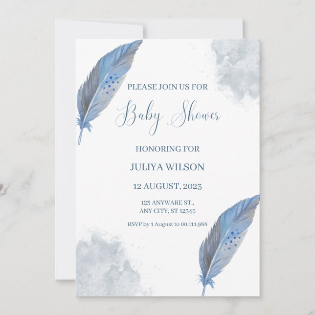 Invitación Pluma azul marina simple niño ducha de bebé (Anverso)