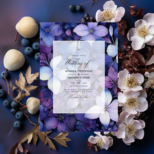 Invitación Pluma, azul marino y Boda floral plateado (Subido por el creador)