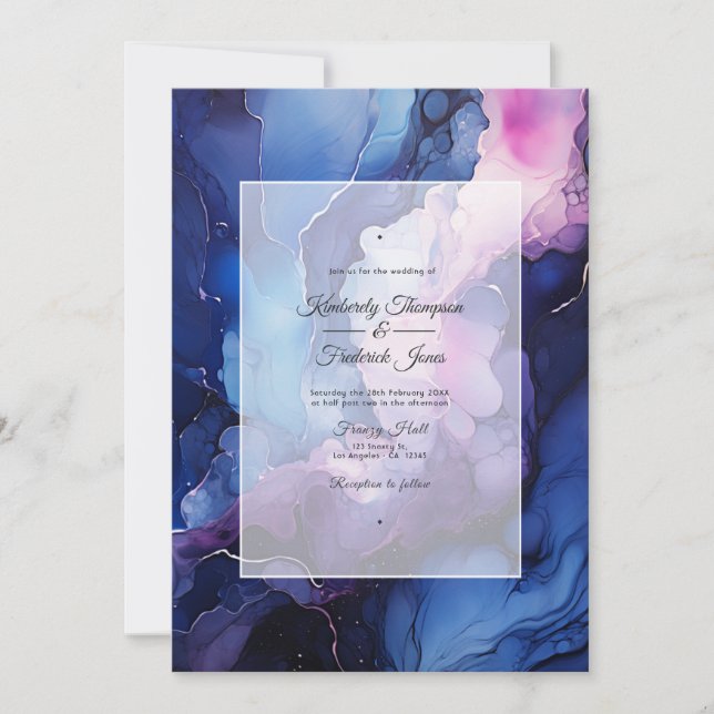 Invitación Pluma, Boda de tinta azul y plateado de la Marina (Anverso)