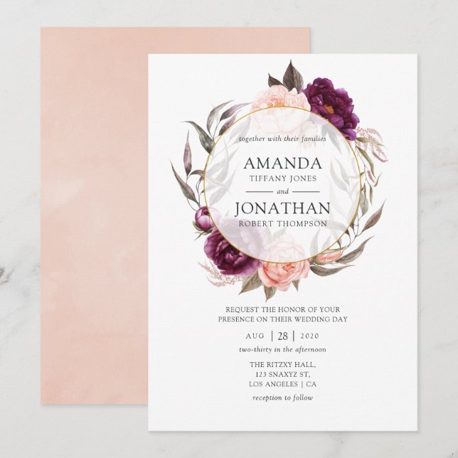 Invitación Pluma de Borgoña y Boda Geométrico Floral Rubor (Anverso / Reverso)