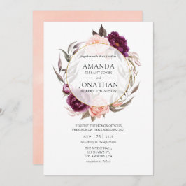 Invitación Pluma de Borgoña y Boda Geométrico Floral Rubor