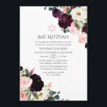 Invitación Pluma de Borgoña y Rubor Pink Bat Mitzvah<br><div class="desc">Invitación a Bat mitzvah con flores de ciruela rosa y borgoña profundas.</div>