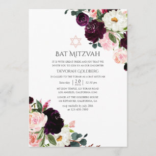 Invitación Pluma de Borgoña y Rubor Pink Bat Mitzvah