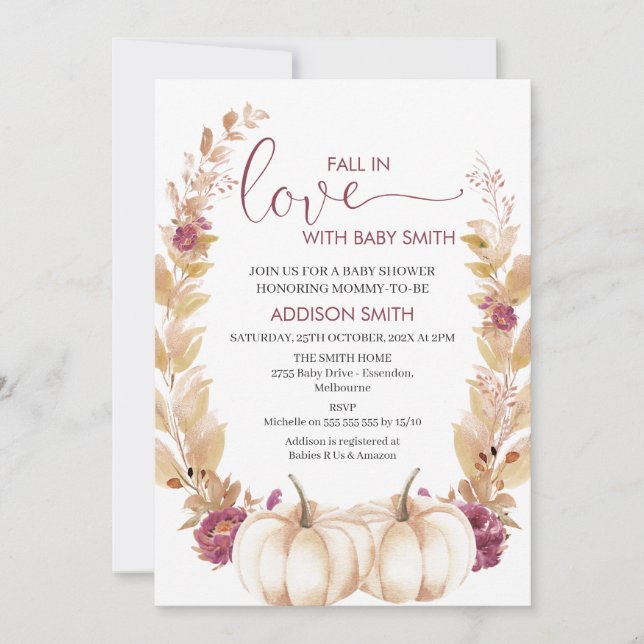 Invitación Pluma De Calabaza De Oro Cae Enamorada Baby Shower (Anverso)