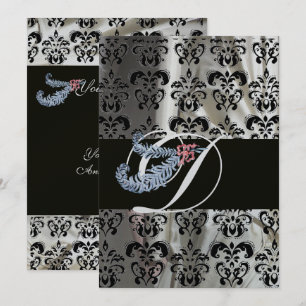 INVITACIÓN PLUMA DE DIAMANTE DAMASCO DE SEDA NEGRA PLATA MONO