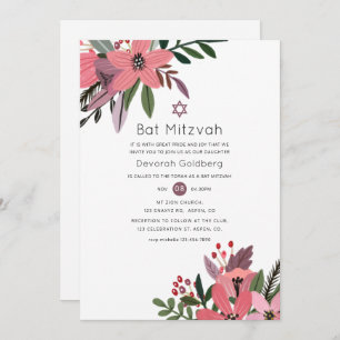 Invitación Pluma de grandeza moderna y bate floral rosa Mitzv