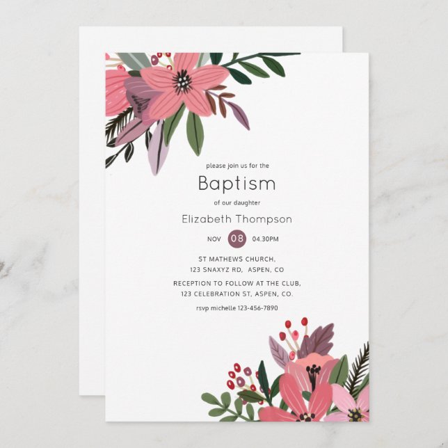 Invitación Pluma de grandeza moderna y bautismo floral rosado (Anverso / Reverso)