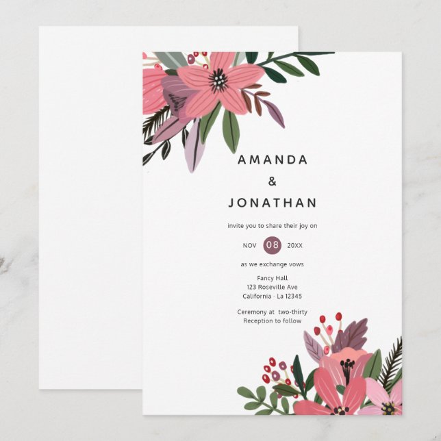 Invitación Pluma de grandeza moderna y Boda floral rosa (Anverso / Reverso)