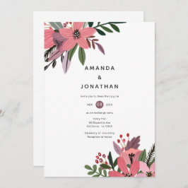 Invitación Pluma de grandeza moderna y Boda floral rosa