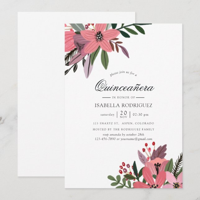 Invitación Pluma de grandeza moderna y quinceañera floral ros (Anverso / Reverso)