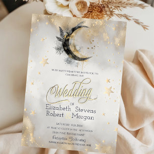 Invitación Pluma de Luna Celestial Estrellas Doradas Acuarela