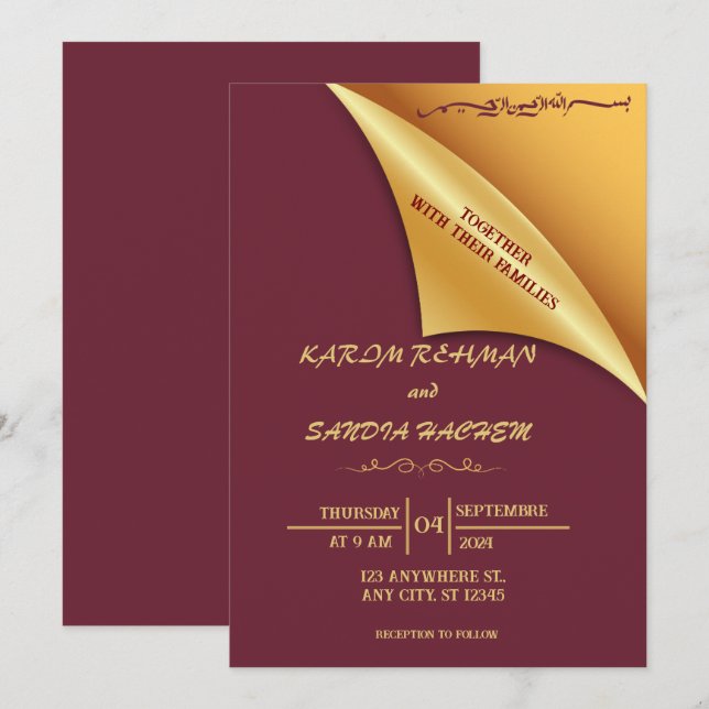 Invitación Pluma de marco floral y Boda islámica de oro (Anverso / Reverso)