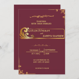 Invitación Pluma de marco floral y Boda islámica de oro