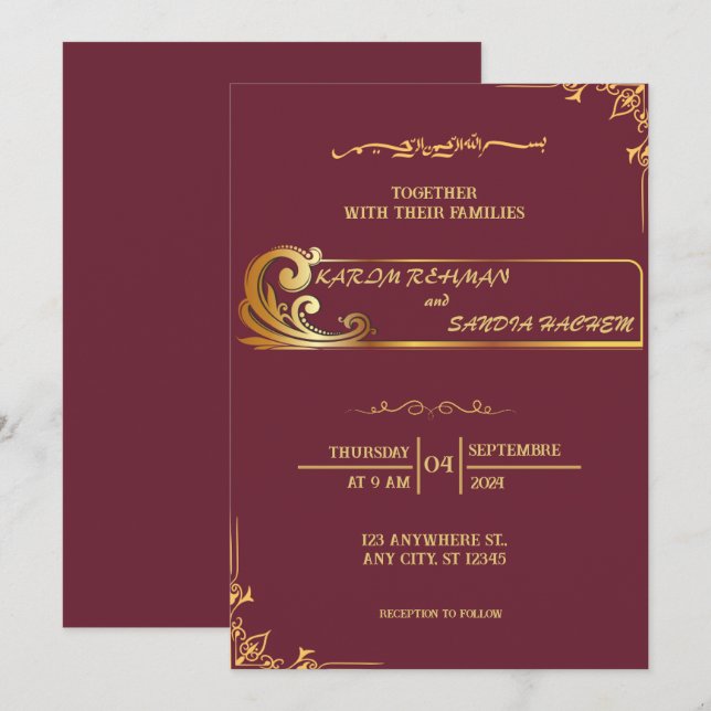 Invitación Pluma de marco floral y Boda islámica de oro (Anverso / Reverso)